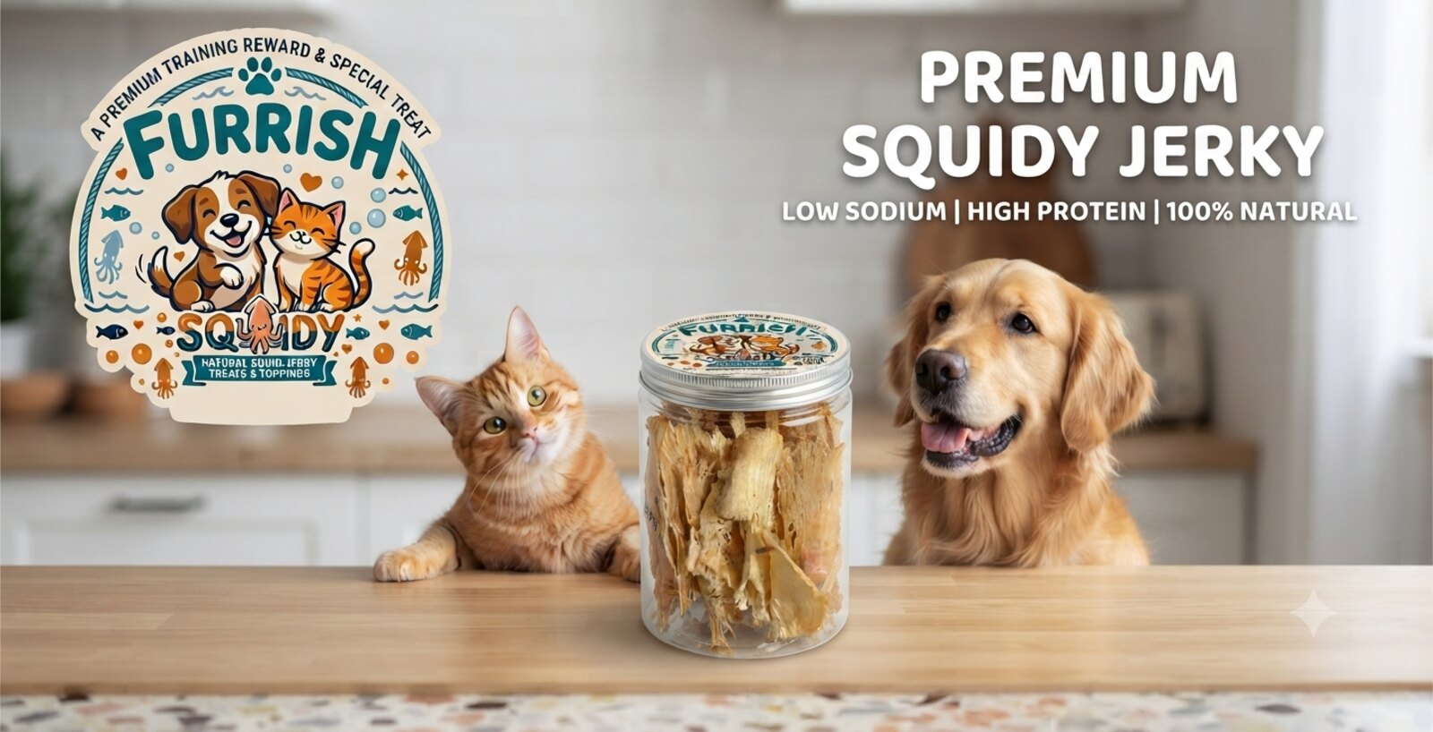 ขนมปลาหมึกอบแห้ง FURRISH SQUIDY กับสุนัขโกลเด้นรีทรีฟเวอร์และแมวส้ม